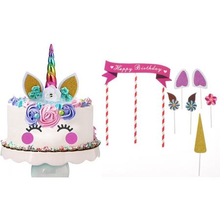 Regenboog Eenhoorn decoratie set (Inclusief 14 Versieringen) | Eenhoorn taart & cake versiering | Kinderfeest | Verjaardagstaart| Verjaardagsfeest | feestje | kinderfeestje | taart decoratie |